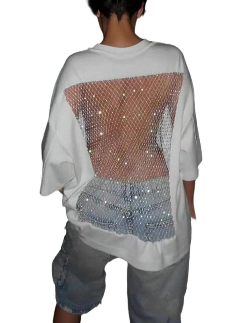 Sparkly Rhinestone Backless Oversized T-Shirt | See-Through Mesh Blouse for